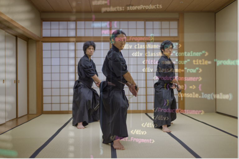 Titelbild: 3 asiatische Kämpfer beim Training im Dojo unterlegt mit transparenten Codezeilen