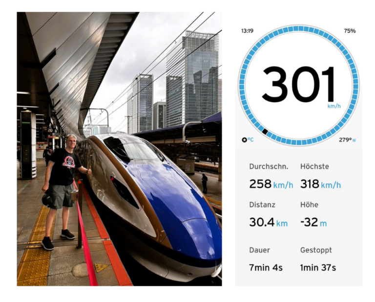 Screenshot getrackte Geschwindigkeit des Shinkansen und Daniel vor dem Zug am Bahnsteig